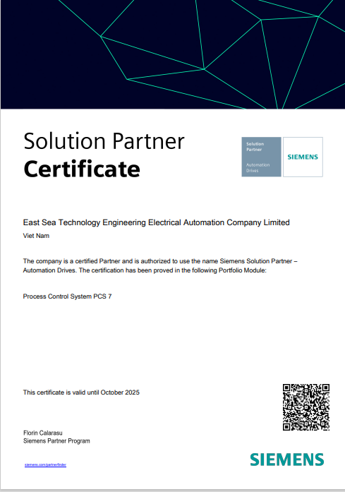 CHỨNG CHỈ NHÀ CUNG CẤP GIẢI PHÁP PCS7 SIEMENS 2025